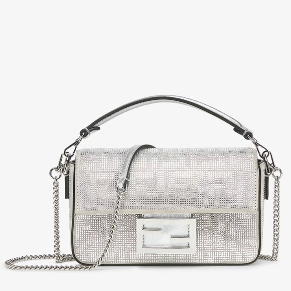 Fendi Baguette Mini Silver Crystal-Embellished Shoulder Bag With FF Motif - Picture 1 of 16